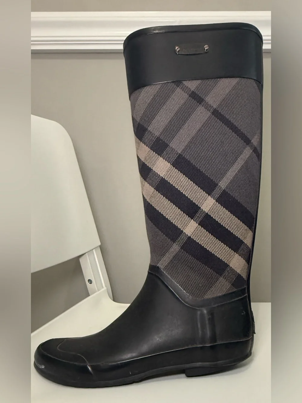 Burberry Black and Beige Plaid Over-the-Knee Rain Boots